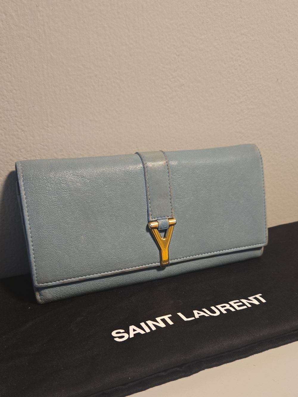 Saint Laurent Light Blue Leather Wallet with Gold Y Detail - Picture 2 of 15